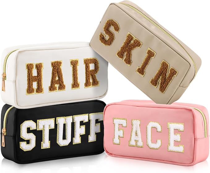 Preppy Makeup Bags Chenille Letter Stuff Bag Nylon Cosmetic Pouch Cases with Zipper for Women Travel Toiletry(Cute Color,Classic,4 Pcs) by Cunno