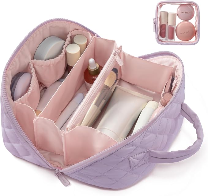LOVEVOOK Travel Makeup Bag for Women, 2Pcs Puffer Waterproof Cosmetic Organizer, Large Capacity Pouch Open Flat Small Toiletry Bag with Brush Compartment & Handle (Purple, Medium) by LOVEVOOK