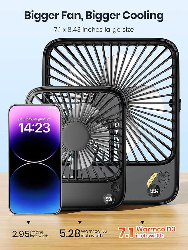 Warmco D3 10000mAh Portable Travel Fan 7-inch, Up to 24H Runtime | Ultra-Slim, Quiet Operation, Battery Powered Fan with Digital Display for Sleeping, Camping, Office, Cruise Essentials - Image 6