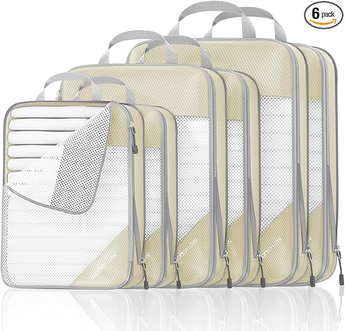 Compression Packing Cubes 6 Set, Compressible Space-Saving Packing Cubes for Travel - Compression Bags, Luggage Organizer, Travel Essentials for Women, Beige by NICOSHOW