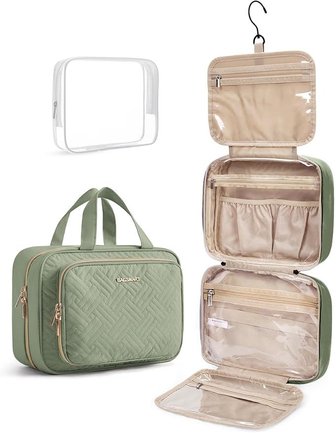 BAGSMART Toiletry Bag Hanging Travel Makeup Organizer with TSA Approved Transparent Cosmetic Bag Makeup Bag for Full Sized Toiletries, Large-Green by BAGSMART