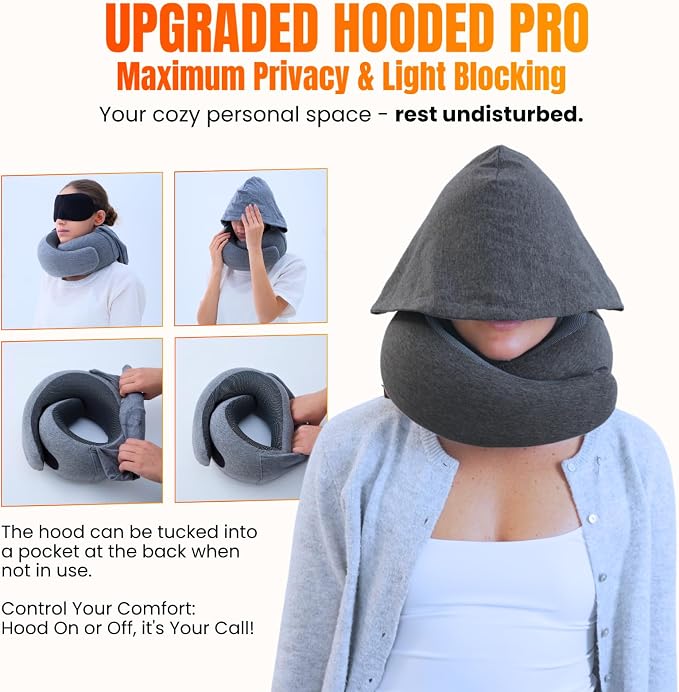 LOEXAIR™ Hooded Pro Travel Pillow - Memory Foam Neck Support Pillow for Airplane, Flight - Super-Soft Pure Cotton Fabric, Maximum Privacy & Light-Block Design, Lightweight Full Travel Kit - Dark Grey - Image 2