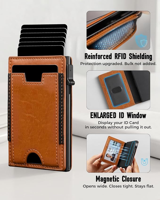 iwantit Slim Wallet for Men Card Holder: Minimalist RFID Blocking Wallet for 8-10 Cards - Smart Pop Up Card Case with Detachable Money Clip - Premium Leather Cardholder, Gift Boxed (Chestnut) - Image 7