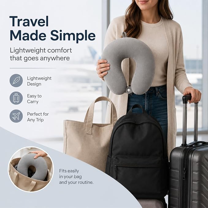 RAINFLOW Airplane Neck Pillow - Memory Foam Travel Pillow for Sleeping Grey | U-Shaped Adult Neck Support Pillow with Washable Cover for Long Flights, Plane Travel, Portable Rest & Head Support Cushion - Image 6