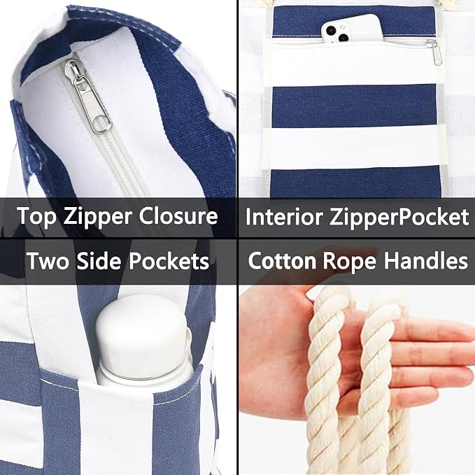 Fammart Beach Bags Waterproof Sandproof for Women, Large Canvas Pool Bag with Leakproof Wet Pocket & Zipper Cruise Essentials - Image 4