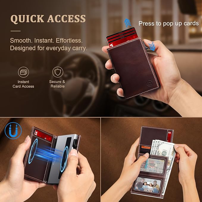 Minimalist Wallet for Men,Full Grain Leather RFID Blocking Wallet with 2 ID Windows，Trifold Pop Up Credit Card Holder Wallet 9-11 Cards Slim Genuine Leather Wallet ，Gifts for Men - Image 3