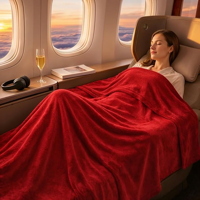 Travel Blanket and Pillow Compact – 4-in-1 Soft Fleece Airplane Blanket with Bag Pillowcase, Neck Pillow, Eye Mask & Earplugs, Lightweight Portable Flight Blanket 60"x43" (Red) - Image 4
