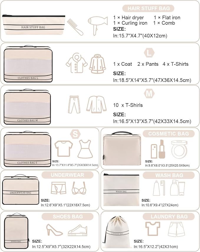 9 Set Packing Cubes Luggage Packing Organizers for Travel Accessories Space Saving Travel Bags for Carry On, Lightweight Mesh Zipper, Clothes, Shoes, Laundry and Shoe Bag, Suitcases (Cream) - Image 4