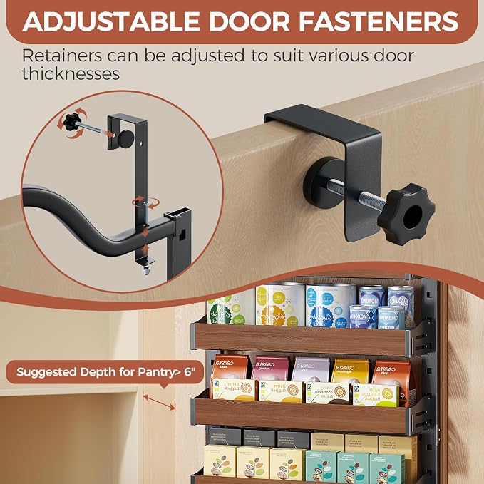 8-Tier Pantry Door Organizer, Over the Door Pantry Organizer with Wooden Adjustable Baskets, 2 IN 1 Spice Rack Wall Mount or Door Organizer, Door Spice Rack for Pantry（72.6×17.1×5.1in,Black) - Image 3