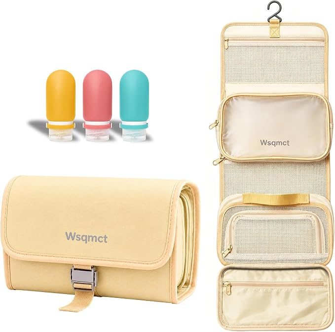 Hanging Travel Toiletry Bag, Waterproof Travel Bag for Toiletries Makeup Cosmetic Bag Organizer for Women Traveling Bathroom Shower, with 3 Silicone Travel Bottles, Beige by wsqmct