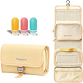 Hanging Travel Toiletry Bag, Waterproof Travel Bag for Toiletries Makeup Cosmetic Bag Organizer for Women Traveling Bathroom Shower, with 3 Silicone Travel Bottles, Beige by wsqmct
