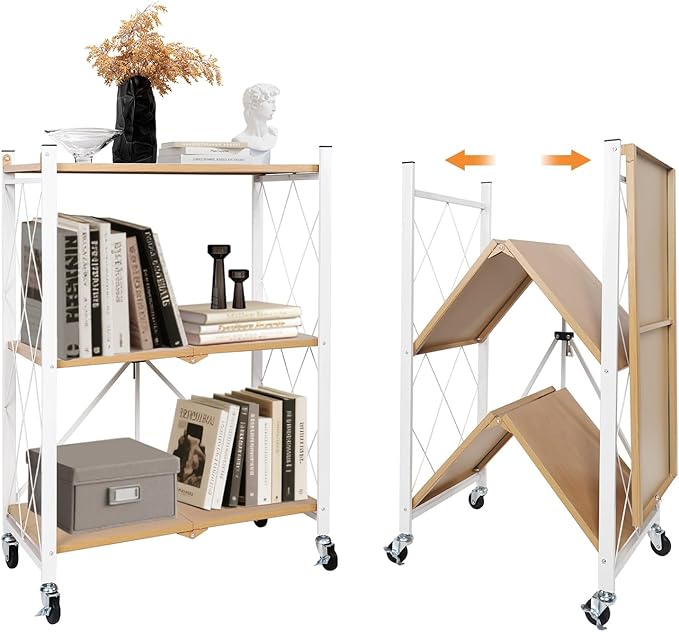 3 Tier Folding Shelf with Wheels, Metal Steel Collapsible Shelves | No Assembly, Portable Folding Storage Shelves, Rolling Standing Utility Rack for Kitchen, Office, Bedroom, Natural by YUANJIMI