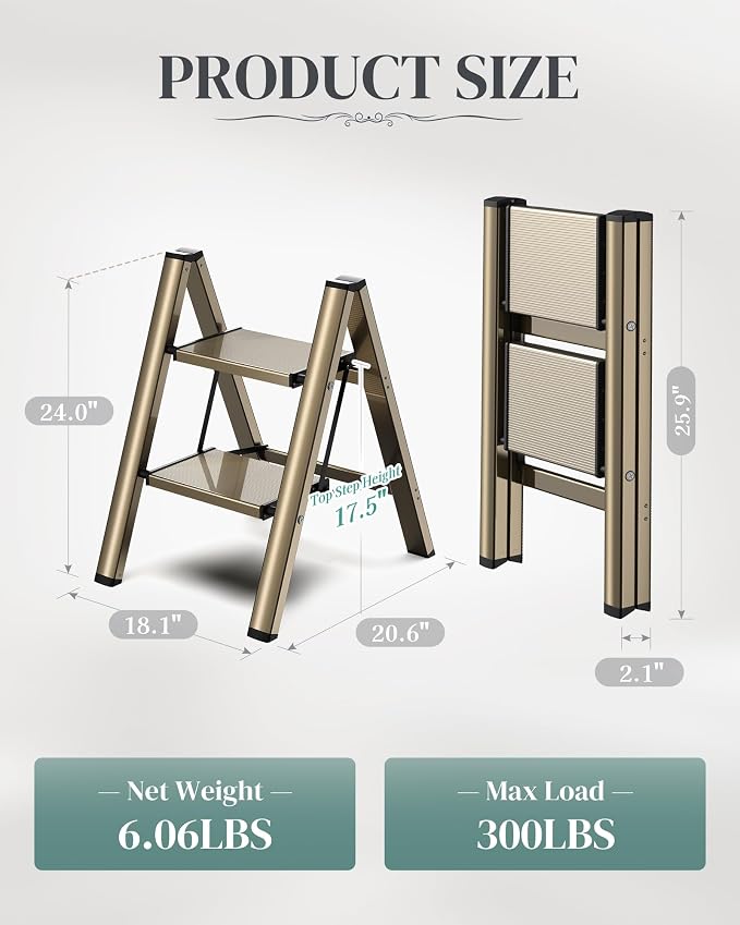2 Step Ladder, Foldable Aluminum Step Stool with Anti-Slip Pedal | Lightweight yet Sturdy, Portable, Non Slip Feet, 300Lbs Capacity, Elegant Look, for Kitchen, Closet, Pantry, Champagne Gold - Image 6