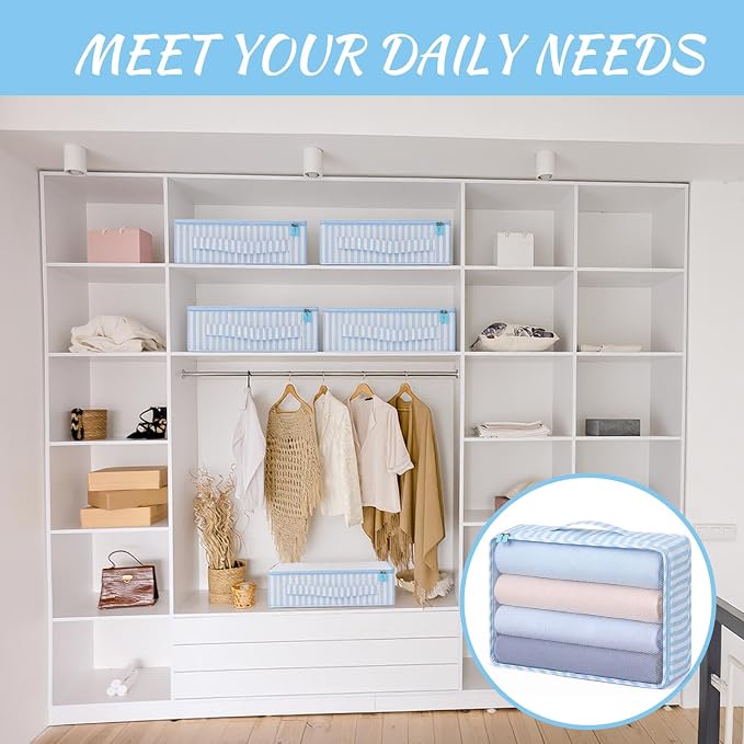Silkfly 8 Pcs XL Packing Cube for Travel Luggage,Stripe,Blue, White | 17.7 x 13 x 4.7, Same Size, Blue White Stripe Suitcase Storage Organizer Set, Reusable Mesh Clothes Cube for Camp Family - Image 3