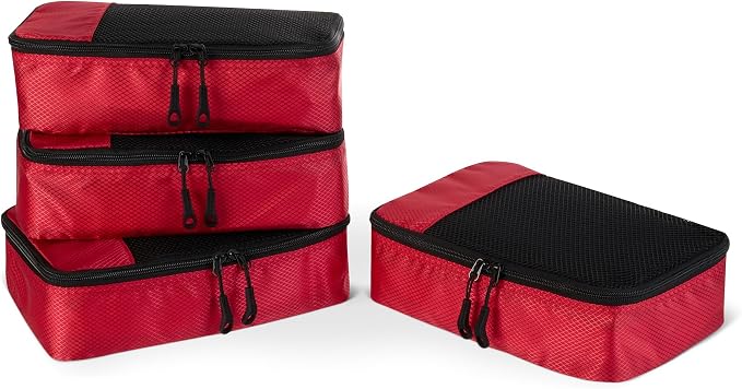 Amazon Essentials 4-Piece Space-Saving Packing Cubes Travel Accessories Set, Luggage Organizer with Double Zipper, Mesh Top, Small, Red (Previously Amazon Basics) by AmazonEssentials