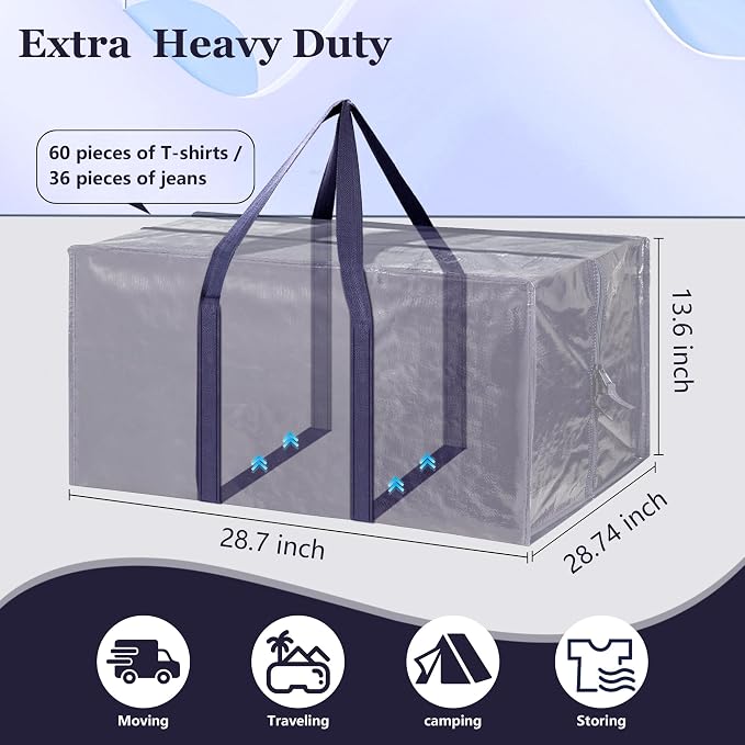 12 Pack Moving Bags with Full-Open Side Zipper, Extra Large 93L Heavy Duty Waterproof Foldable Storage Totes for College Dorm, Moving & Home OrganizationDarkBlue - Image 2