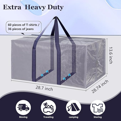 12 Pack Moving Bags with Full-Open Side Zipper, Extra Large 93L Heavy Duty Waterproof Foldable Storage Totes for College Dorm, Moving & Home OrganizationDarkBlue - Image 2