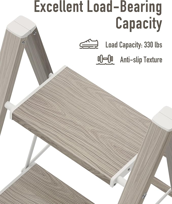 Mayi Plus 2 Step Stool Foldable, Aluminum, Lightweight Step Ladder | Extra-wide anti-slip folding steps with 330 lbs, for home,kitchen,office,outdoor,Fir woodgrain - Image 5