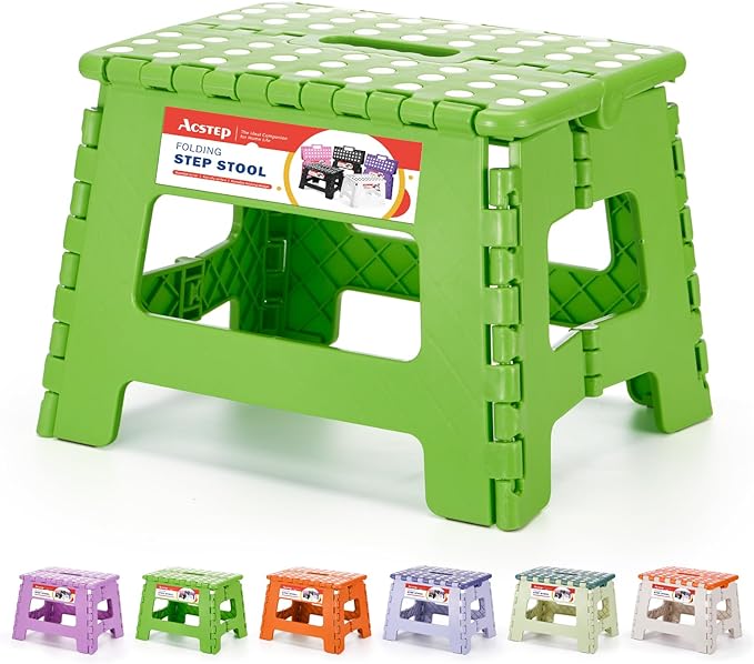 Folding Step Stool 9 Inch for Kids and Adults, 300 lbs, Green | Lightweight Plastic Small Foldable Step Stool with Handle, Non-Slip, for Kitchen, Bathroom, Bedroom and Closet by ACSTEP