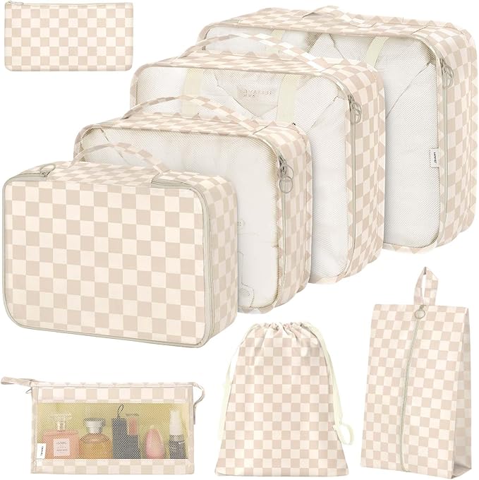8 Set Packing Cubes for Suitcases,Packing Cube with Shoe, Cosmetics, Clothing, and Accessories Bags Packing Cubes for Travel Luggage Organizer Women Men(Khaki Grid-A) by Hatisan