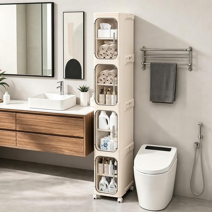 4-Tier Tall Narrow Slim Bathroom Storage Cabinet, Cream White | Tool Free Assembly, Adjustable Shelves, Fits for Narrow Spaces, Reinforced Stability, Magnetic Clear Door by Lifelongpal