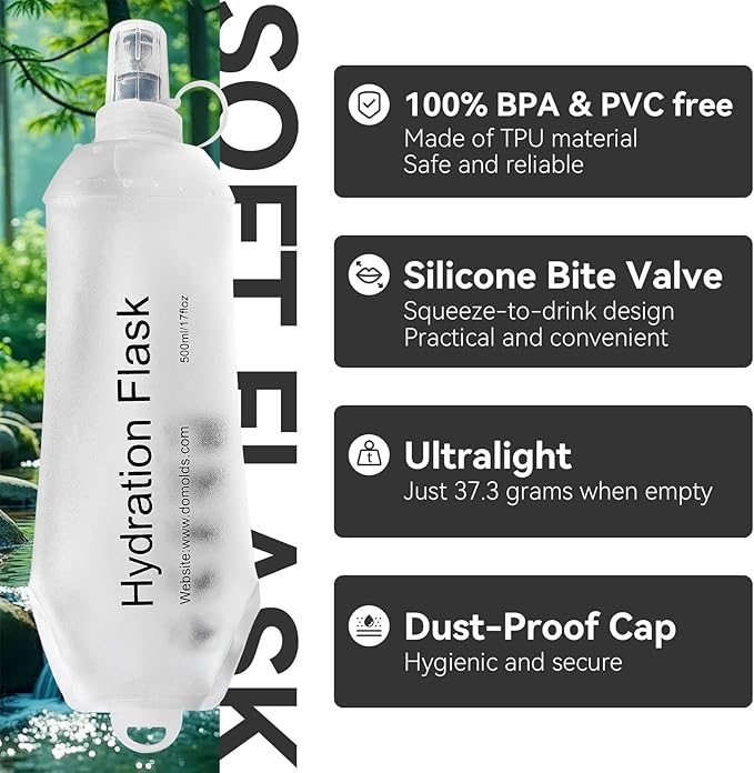 500ml Soft Flask, Shrink As You Drink Collapsible Water Bottles for Running Vest & Hydration Pack, BPA-Free Leak-Proof TPU Folding Bottle for Hiking Cycling Climbing Jogging-White - Image 2