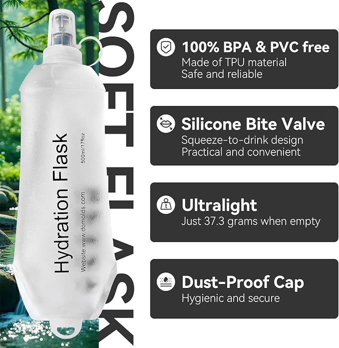 2 Pack 500ml Soft Flask, Shrink As You Drink Collapsible Water Bottles for Running Vest & Hydration Pack, BPA-Free Leak-Proof TPU Folding Bottle for Hiking Cycling Climbing Jogging-White - Image 2