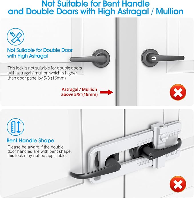 AST Childproof Double Door Security Lock, Adjustable Keyed French Door Lock | Lockout device for knobs and handles of double doors, prevent kick ins, Kids proof barricade, bigger adjustment, matte white - Image 5