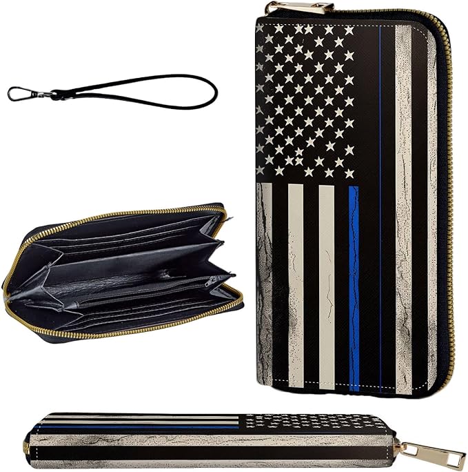 Wallet,Leather Long Wallet Suitable For Ladies And Teenagers - Detachable Wristband + RFID Travel Wallet With Card Slot - Thin Blue Line American Flag by Unknown