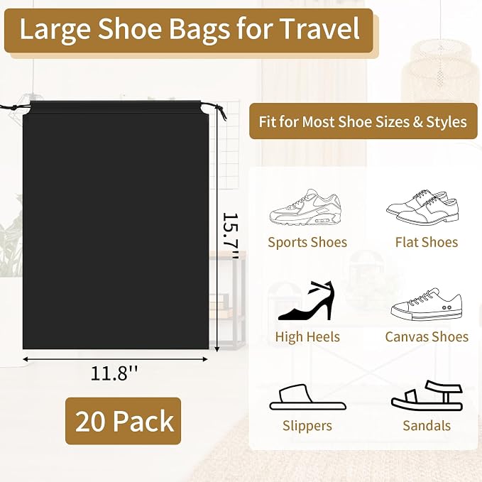 20 Pack Shoe Bags for Travel, BlackTravel Shoe Bags for Packing Waterproof | 15.7" x 11.8" Large Portable Drawstring Travel Shoe Storage Bag Travel Essentials Women for and Men - Image 2