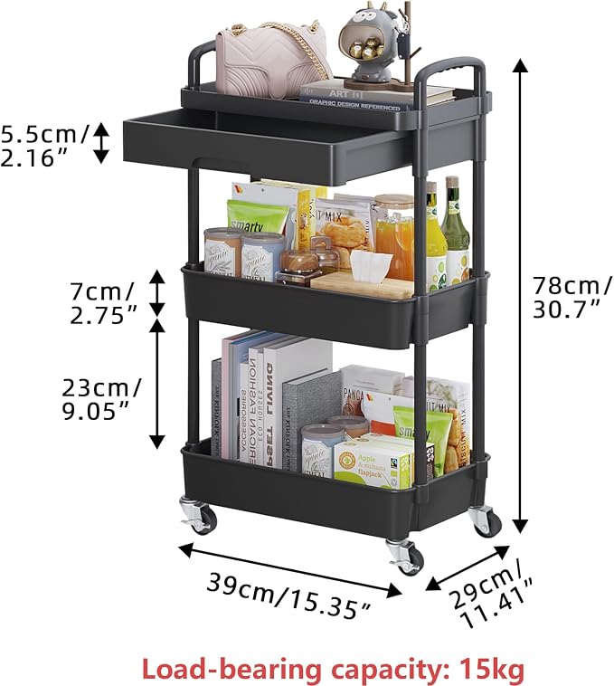 Calmootey 3-Tier Utility Cart with Drawer & Wheels, Storage for Home,Office | Space-Saving Organizer, Sturdy Plastic Shelves, Smooth-Rolling Metal Wheels, Built-in Drawer for Small Items, Black - Image 5