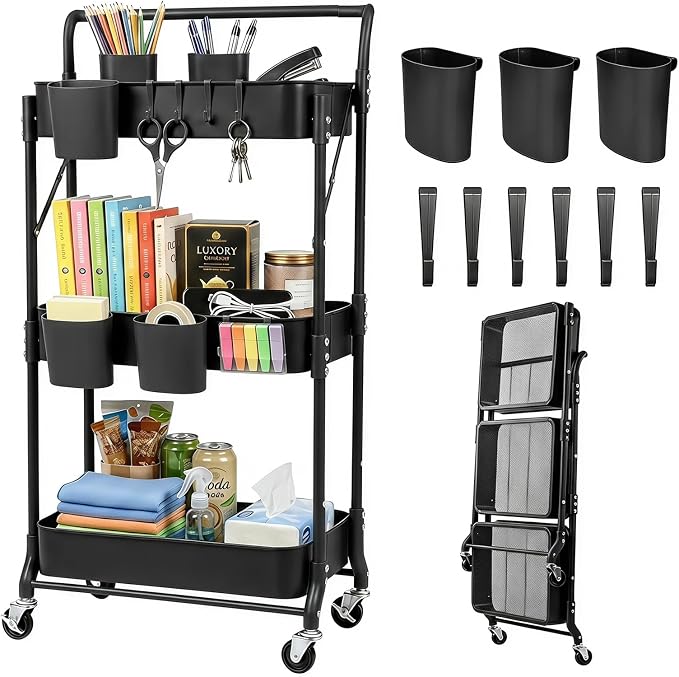 Amatic 3 Tier Foldable Rolling Cart with Wheels, Folding Utility Cart Organizer, Collapsible Rolling Storage Cart with 3 Hanging Cups & 6 Hooks for Kitchen, Office, Nursery(Black) by Amatic