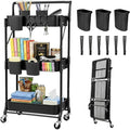 Amatic 3 Tier Foldable Rolling Cart with Wheels, Folding Utility Cart Organizer, Collapsible Rolling Storage Cart with 3 Hanging Cups & 6 Hooks for Kitchen, Office, Nursery(Black) by Amatic