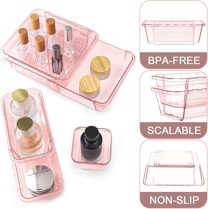 25 Pcs Clear Drawer Organizer, Adjustable Drawer Storage Box, 3-Size Desk Drawer Organizer, Acrylic Storage Bins for Makeup, Kitchen Utensils, Bedroom Dressers Tool Organizer for Gadgets, Pink - Image 3