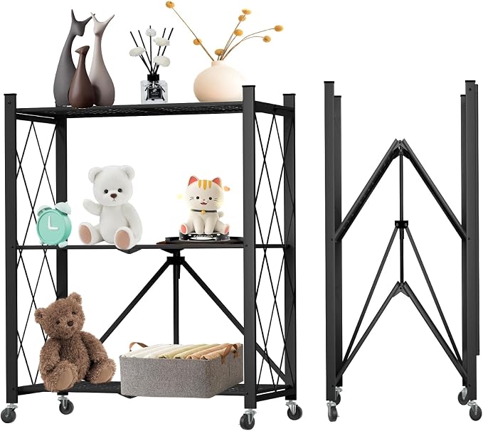 3 Tier Foldable Storage Shelf with Wheels Garage Shelving | Unit Loads 550 LBS, Metal Steel Collapsible Shelves, Rolling Standing Utility Rack for Kitchen, Pantry, Office, Black by YUANJIMI