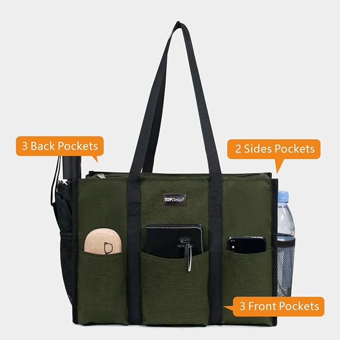 TOPDesign Utility Water Resistant Tote Bag with 13 Pockets, Top Zipper Closure & Thick Bottom Support, for Working Women - Image 3