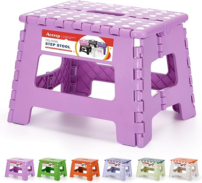 9 Inch Foldable Step Stool for Kids, 300 lb, Light Purple | Lightweight Plastic Small Foldable Step Stool with Handle, Non-Slip, for Kitchen, Bathroom, Bedroom and Closet by ACSTEP