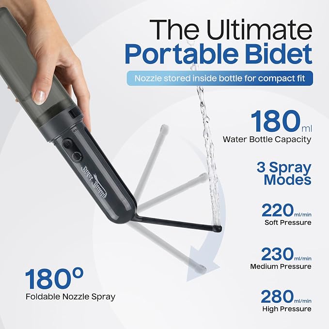BIDET BUDDY® GoFlow Portable Bidet for Travel - 180mL Bottle Obsidian Drift | Two Power Modes, 180 Degree Nozzle Wand, IPX6 Waterproof, USB - C Charging, 800mAh Rechargeable Battery, Medium Pressure - Image 5