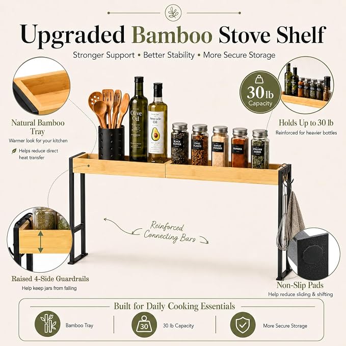 Spice Rack Shelf for Kitchen Stove, Bamboo Over the Stove Shelf with 4 Level Adjustable Height, 33 Inch Stove Top Spice Rack Organizer with 4 Hooks, Reinforced 30 lb Capacity, Non-Slip Pads, Black - Image 6