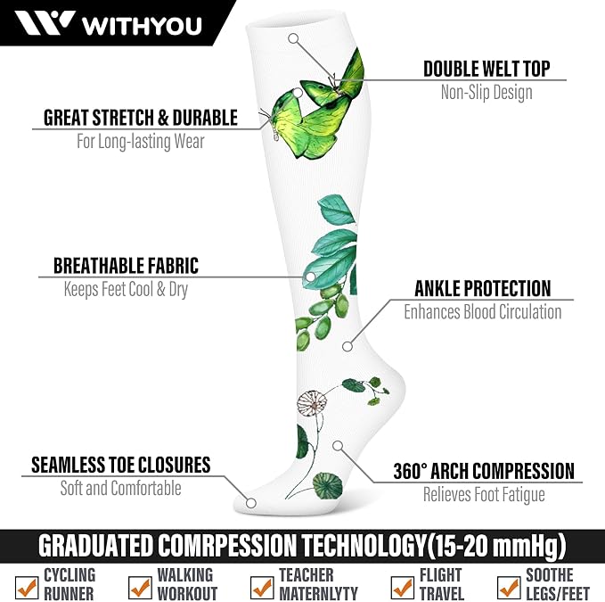 WITHYOU 3 Pairs Compression Socks for Women & Men 15-20 mmHg,Best Support for Nurses Running Hiking - Image 3