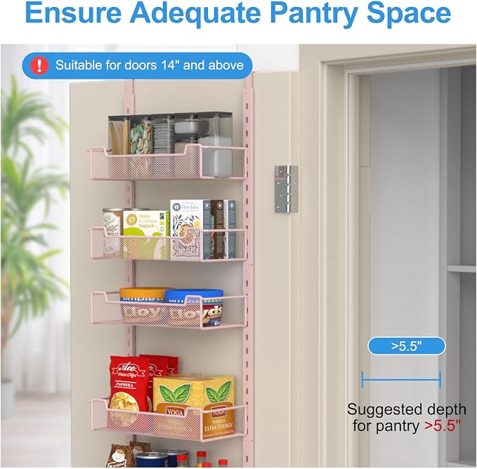 VyGrow 12.3" W Narrow Over the Door Pantry Organizer, 6-Tier Over the Door Organizer with Adjustable Basket, Pantry Door Organization for Pantry Kitchen Storage Room Spice Rack, Pink - Image 4