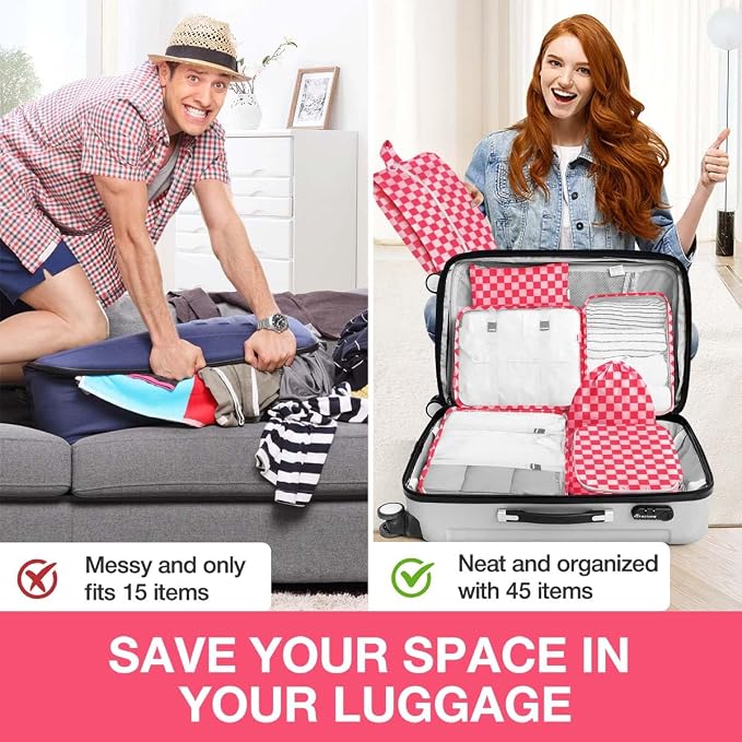 8 Set Packing Cubes for Suitcases,Packing Cube with Shoe,Cosmetics,Clothing, and Accessories Bags Packing Cubes for Travel Luggage Organizer Women Men(Rose Checkered) - Image 6