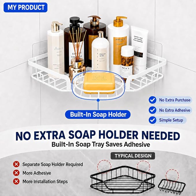 Corner Shower Caddy, Rustproof Shower Organizer with Soap Holder and 8 Hooks, No Drilling Adhesive Shower Shelves for Inside Shower, Large Capacity Shower Rack for Bathroom Shower Storage, White - Image 5