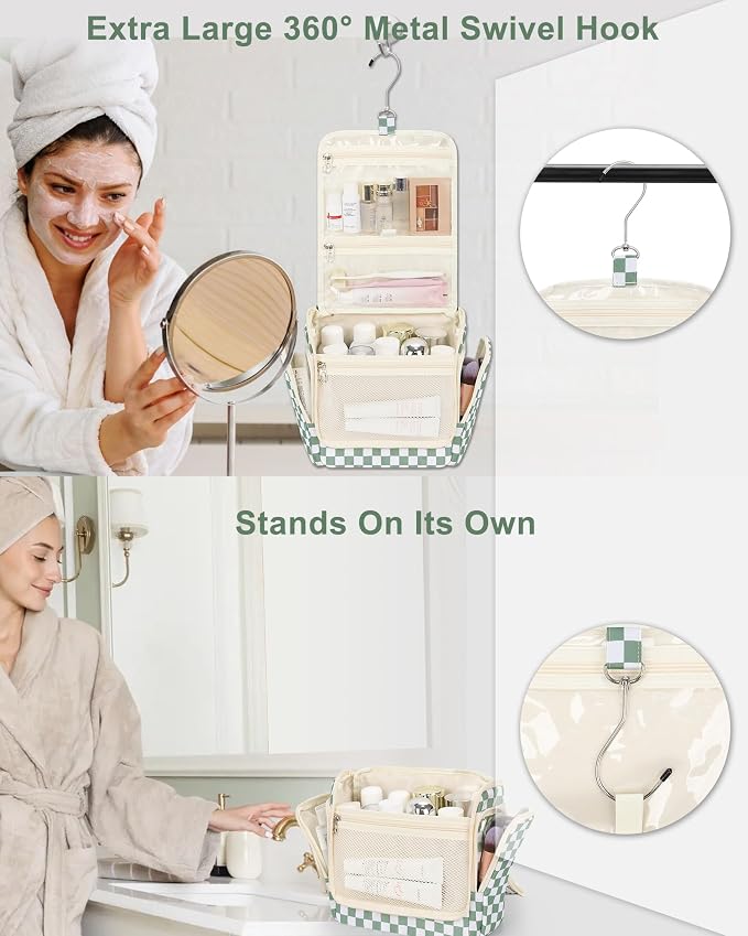 Relavel Travel Toiletry Bag for Women Makeup Bag Cosmetic Organizer Toiletries Bag with Hanging Hook for Travel Size Essentials Accessories Shower Caddy Bag for Bathroom Beach Gym, Green Checkerboard - Image 4