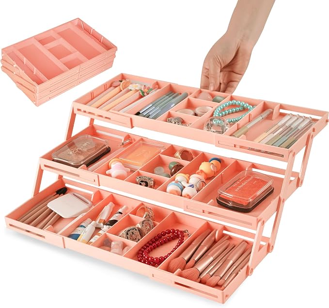 3 Tier Drawer Organizer Versatile Expandable Junk Drawer Organizer Pink | Multi-level Desk Organizer for Makeup, Jewelry, Cosmetics, Kitchen Storage, Smart Office Supply Drawer Storage for Gifts by Lucasden