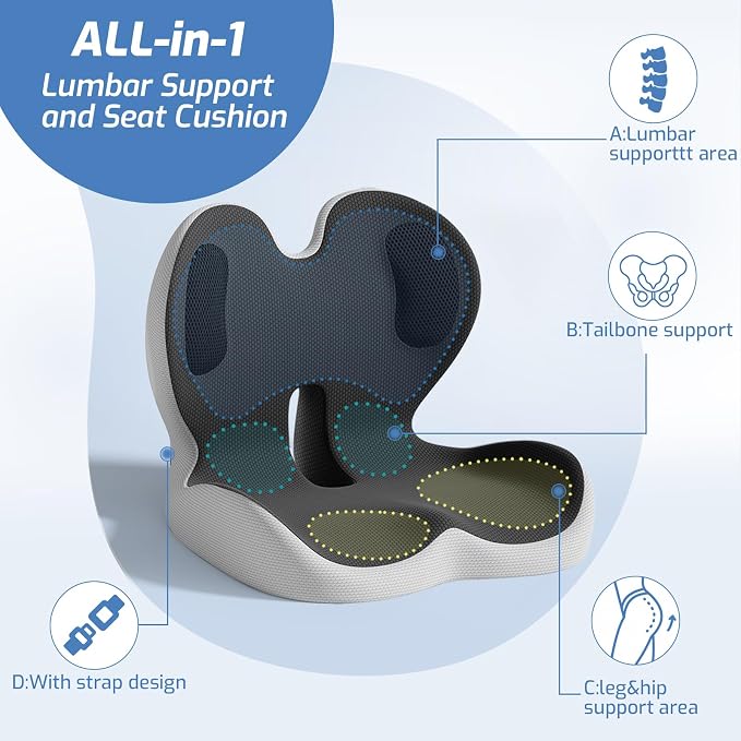 Seat Cushion,Memory Foam Chair Cushion for Office and Car,Ergonomic Coccyx Seat Cushion for Tailbone,Sciatic Nerve,Lower Back Pressure Relief,Lumbar Support Pilow for Office,Car,Truck,Desk Chair - Image 3