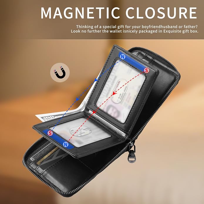 Men’s RFID Blocking Zipper Large Dimensions Wallet with 2 ID Windows - Large Capacity Design, 13 Credit Card Slots - Image 6