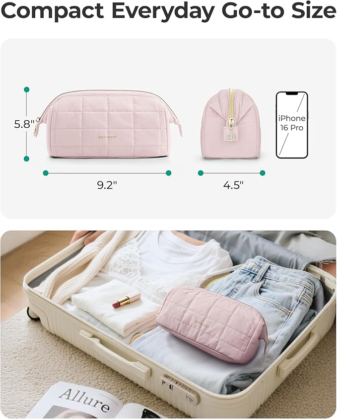 BAGSMART Makeup Bag Travel Toiletry Bag, Zipper Pouch, Checkered Khaki | Wide-open, Puffy Padded, Travel Essentials, Make Up Bag, For Women, Makeup Organizer, Toiletries Accessories Brushes - Image 5
