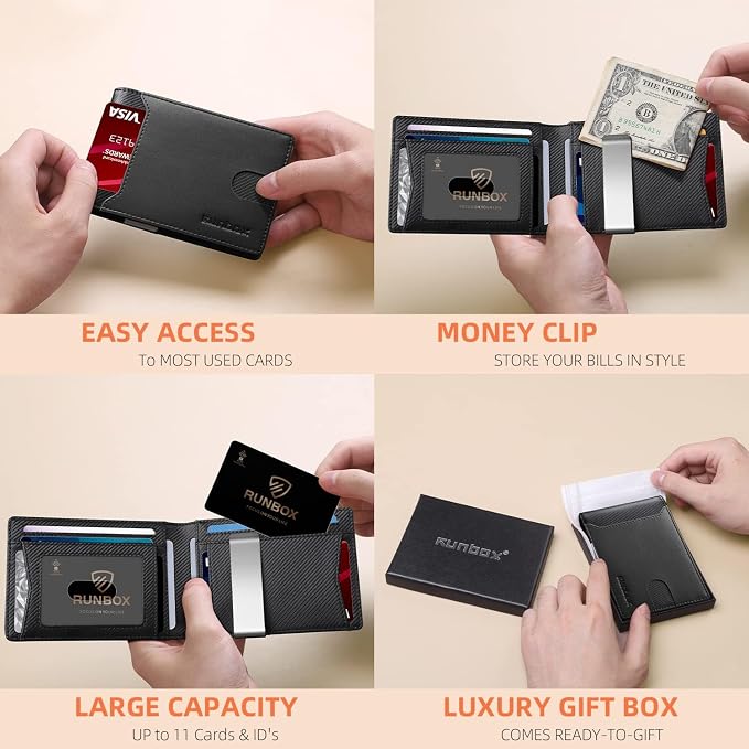 RUNBOX Slim Wallet for Men - RFID Blocking Leather Bifold with Money Clip | Minimalist Front Pocket Wallet Holds 11 Cards,Slim Thin Design,RFID Blocking Protection, Practical Birthday Gifts for Men - Image 2