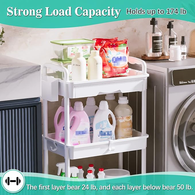 SUNALLY 3 Tier Rolling Cart with Drawer, Craft Storage Cart Organizer,White | Bathroom Storage Organizer with 2 Lockable Wheels, Rolling Utility Cart for Kitchen, Office, Baby, Makeup, Nail,Snack,Laundry - Image 4
